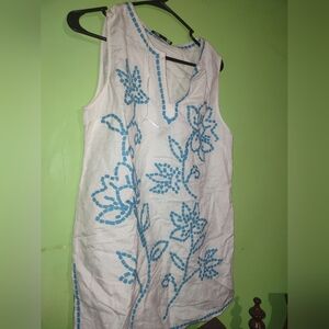 White Sleeveless Tunic with Blue Floral Embroidery